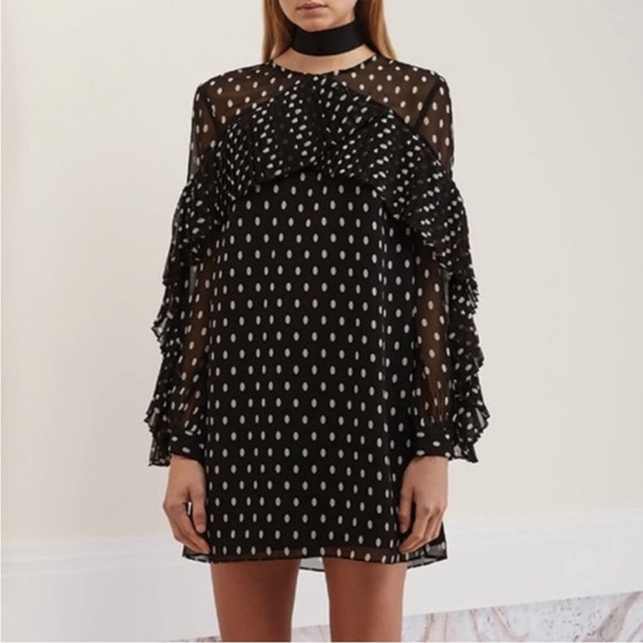 Keepsake the Label Dress Large Black White Polka Dot Ruffle Pleated L - Picture 1 of 8